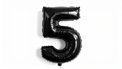 Glossy black number five foil balloon on white background.