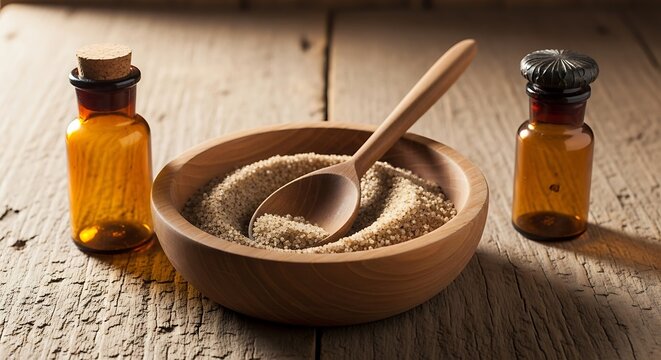 A wooden bowl filled with granulated sugar alongside two amber glass bottles and a spoon on a rustic wooden surface