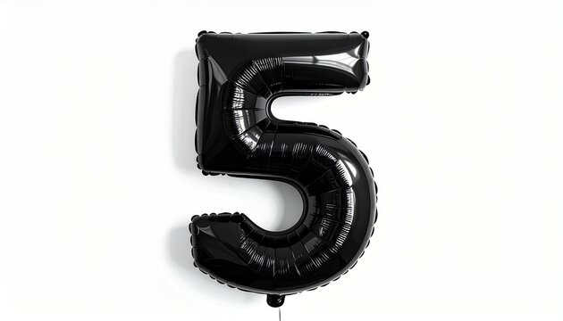 Glossy black number five foil balloon on white background.