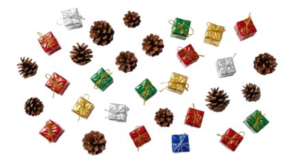Scattered Natural Pine Cones and Colorful Miniature Christmas Gift Boxes Flat Lay isolated PNG with Transparent Background