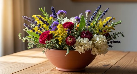 A Colorful Arrangement of Flowers in a Terracotta Bowl