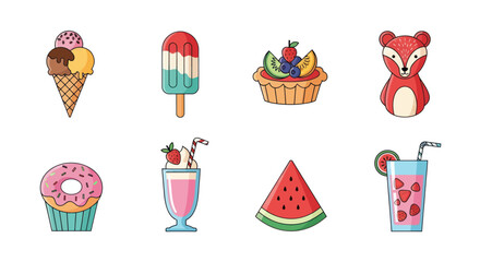 Colorful assortment of sweet treats and summer icons isolated on white
