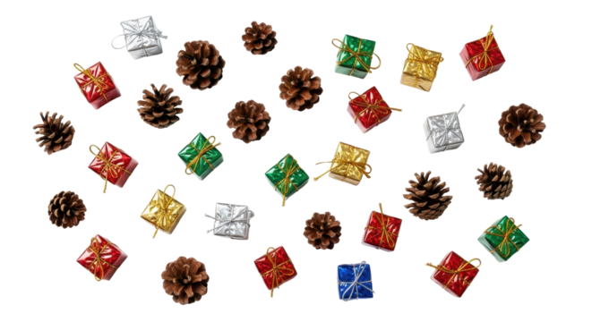 Scattered Natural Pine Cones and Colorful Miniature Christmas Gift Boxes Flat Lay isolated PNG with Transparent Background