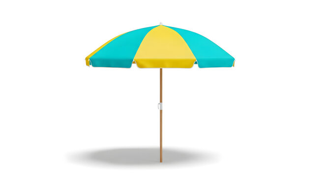 Yellow and turquoise beach umbrella on white background