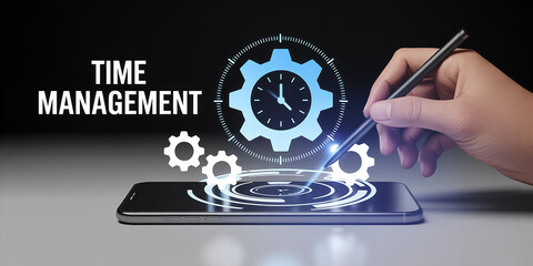Time management concept with clock, gears, and smartphone