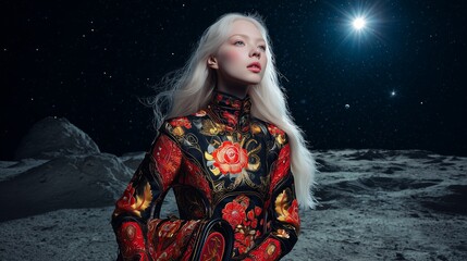 Woman on moon surface in a fashionable dress against starry sky, woman on moon. Stunning moon setting with elegant woman on moon, dreaming near space. Woman on moon, concept exploring new territories.