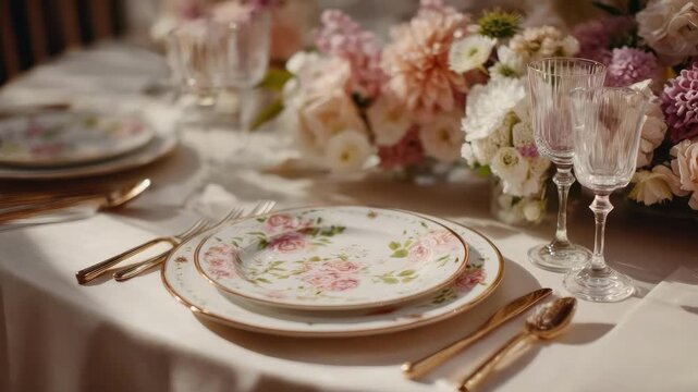 Elegant table setting with floral china, gold-edged plates, crystal glasses, and a lush pastel bouquet centerpiece.