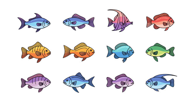 Colorful cartoon fish collection isolated on white background art