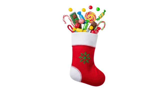 Red Christmas Stocking stuffed with colorful holiday candies, chocolate bars, and sweets isolated PNG with Transparent Background