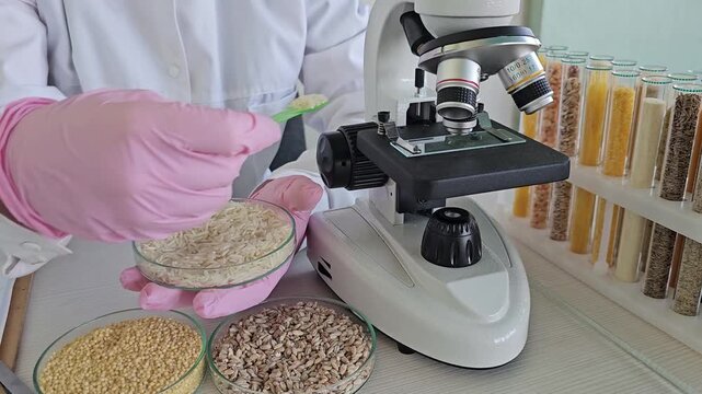 Exploring rice and grain samples under a microscope in a laboratory setting
