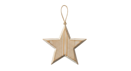 Natural Light Wooden Star Christmas Ornament Hanging on Twine Loop isolated PNG with Transparent Background