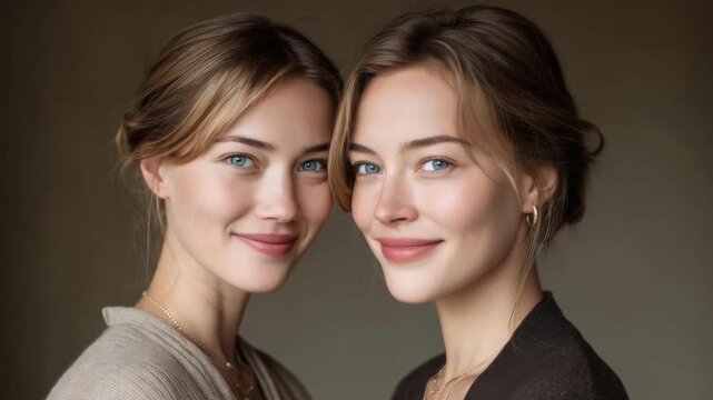 Two women with similar features pose closely; one with eyes closed, the other looking at the camera against a neutral background.