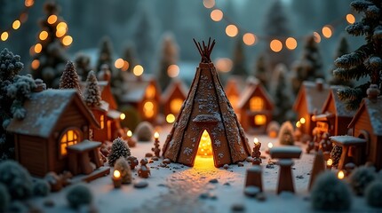 Enchanting miniature winter village bathed in warm glowing lights under a soft snowfall, creating a cozy and magical festive atmosphere perfect for holiday dreams
