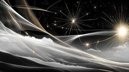 Abstract flowing golden light trails and starbursts against a dark night sky with clouds, creating a sense of wonder and cosmic energy.