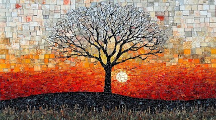 A mosaic artwork depicting a bare tree silhouette on a hill against a vibrant sunset with shades of orange, red, and yellow.