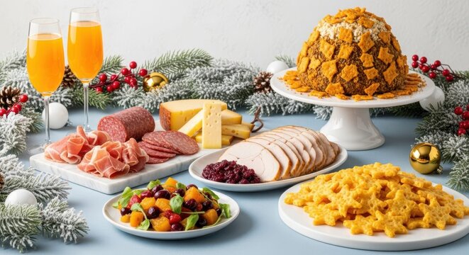 Festive Feast: A delightful spread of holiday delicacies and sparkling cocktails, beautifully arranged amidst seasonal decorations. - Powered by Adobe