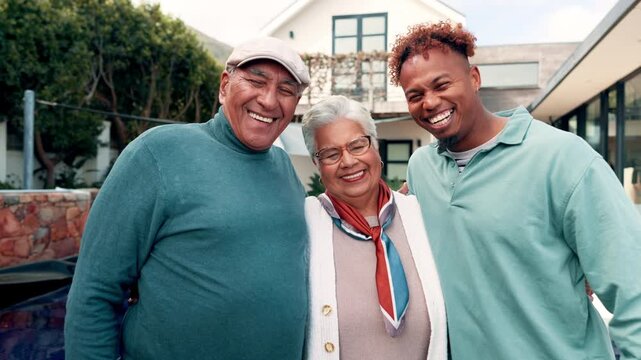 Old couple, son and hug outdoor with face, smile and family with love, care and reunion at house. Elderly man, woman and parents with embrace on holiday, happy and excited for portrait in backyard