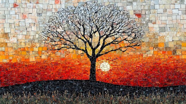 A mosaic artwork depicting a bare tree silhouette on a hill against a vibrant sunset with shades of orange, red, and yellow. - Powered by Adobe