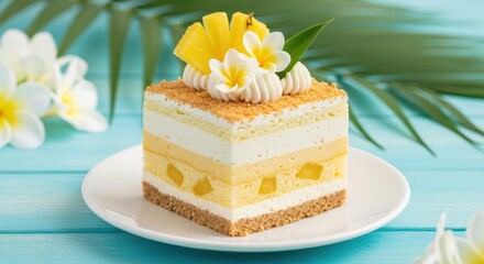 Tropical Temptation: A meticulously crafted slice of layered cake, adorned with fresh pineapple and delicate flowers, rests invitingly on a pristine white plate, promising a taste of paradise.