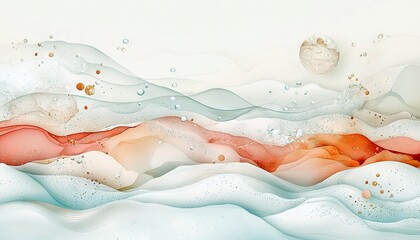 An abstract, flowing landscape with layered waves in soft pastel colors of blue, pink, and orange. Small bubbles and golden flecks are scattered throughout, wit