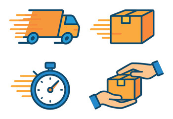 Fast delivery icons with truck, package, stopwatch, and hands