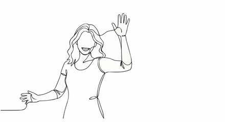 Single Line Drawing of a Woman Waving Hello.