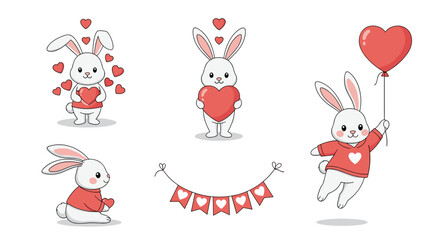 Adorable collection of cute cartoon bunnies with red hearts and a love garland for Valentine's Day or romantic designs.