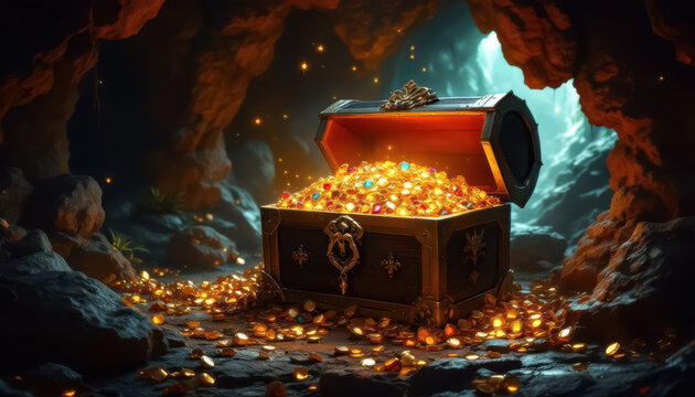 Cave with an open treasure box filled with shiny gold