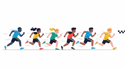 Diverse group of children running a race towards the finish line.