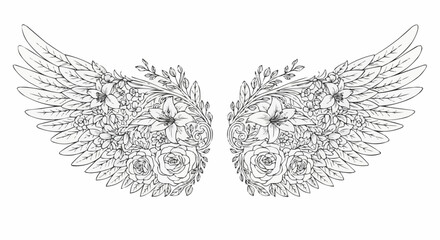 Intricate Floral Angel Wings Illustration.