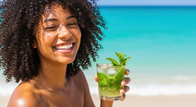 Tropical Refreshment on Beach: A woman smiles with pure bliss as she sips a refreshing beverage on a sunny beach, exuding joy and serenity.