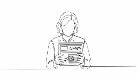 Woman Reading Newspaper Line Art Illustration.
