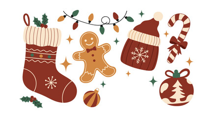 Cozy collection of cute Christmas elements including a stocking gingerbread man candy cane and decorations in a warm color palette.