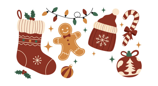 Cozy collection of cute Christmas elements including a stocking gingerbread man candy cane and decorations in a warm color palette.