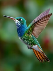 Fototapeta premium Vibrant hummingbird in flight showcasing iridescent green blue feathers with detailed wings and background blur effect