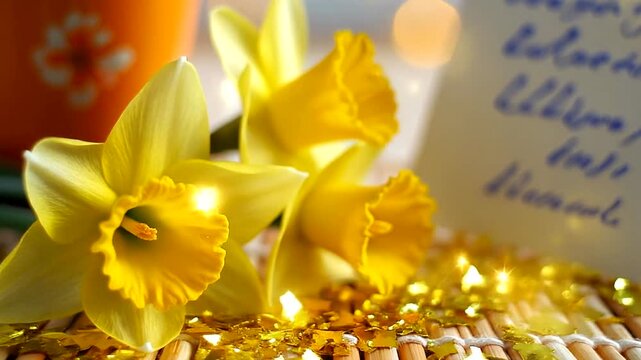 Cinematic daffodils footage with gold confetti scattered on bamboo surface vibrant spring blossom close up in bright sunshine with handwritten card dynamic footage