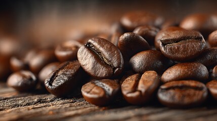 Fototapeta premium Close-up of roasted coffee beans scattered on rustic wooden surface with rich brown tones and detailed texture for coffee or beverage themed projects