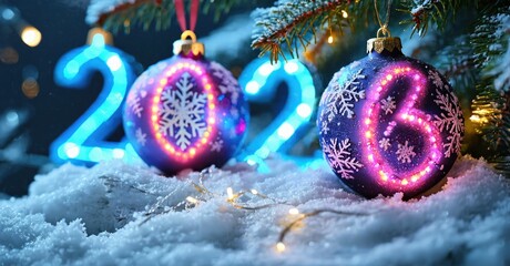 Festive scene depicts glowing numbers, ornaments, snow. Bright lights illuminate winter holiday celebration. Joyful, vibrant imagery.