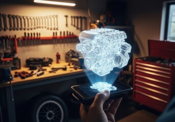 Man holding smartphone displaying 3D holographic engine in garage. Augmented reality for automotive repair, engineering, and mechanic technology concept.