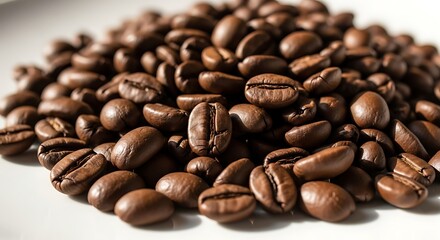 Naklejka premium Close-up shot of roasted coffee beans with a detailed texture and rich brown color, perfect for food and beverage content