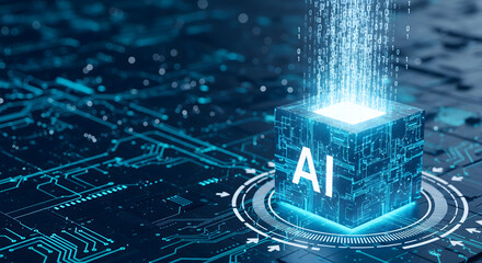 Modern AI cube with glowing data stream for technology and innovation concepts