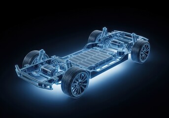 Electric vehicle chassis technology with battery and motor. Automotive innovation and engineering concept for sustainable transportation.