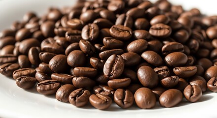 A close-up shot of freshly roasted aromatic coffee beans piled on a white surface, ready to be ground for a morning brew