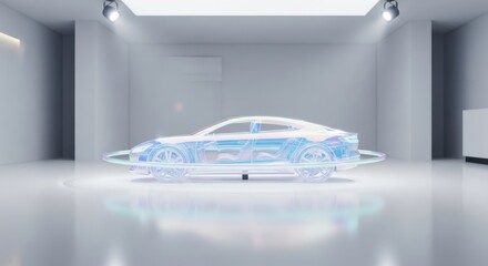 Holographic car wireframe displayed in modern showroom. Future automotive design and engineering visualization. Advanced technology concept.