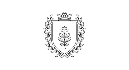Obraz premium Elegant hand-drawn coat of arms logo featuring a floral shield with a crown and a laurel wreath in a classic heraldic style.