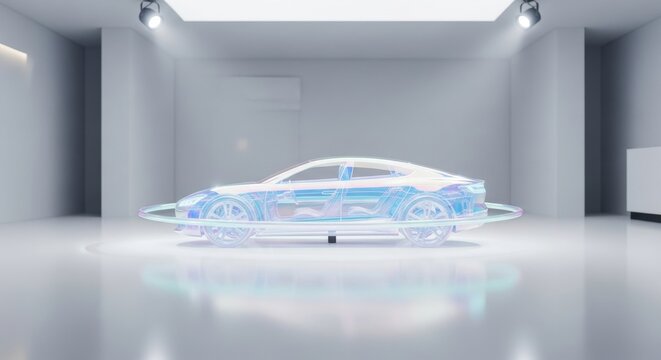 Holographic car wireframe displayed in modern showroom. Future automotive design and engineering visualization. Advanced technology concept.
