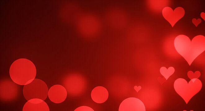 Valentine's day. A blurred red background adorned with various sizes of glowing hearts and circles, evoking a romantic atmosphere.