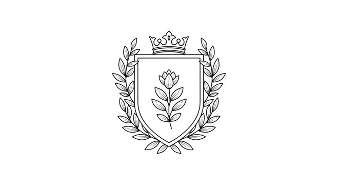 Elegant hand-drawn coat of arms logo featuring a floral shield with a crown and a laurel wreath in a classic heraldic style.