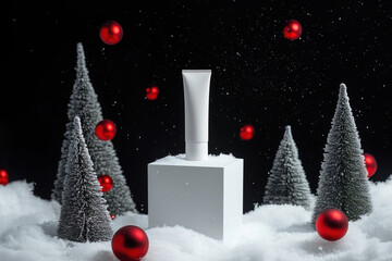 Cosmetic skincare product tube on white cube stand surrounded by artificial snow, festive fir trees, and red ornaments against black background.
