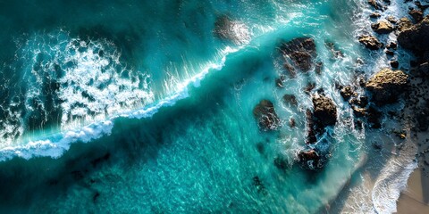 Aerial view of vibrant turquoise ocean waves crashing against rocky shoreline with white foam and clear water texture du daytime